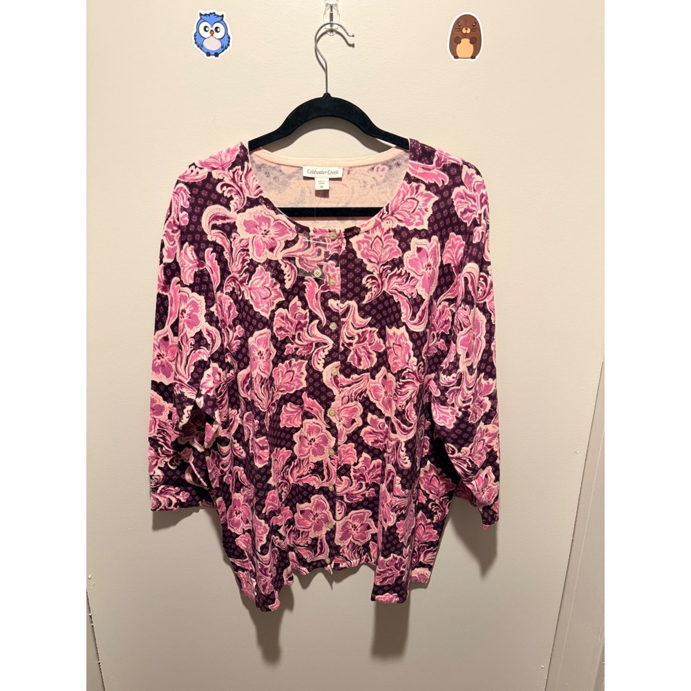 Coldwater Creek Womens 3XCardigan Button Front Floral Print Pink Purple Knit Top